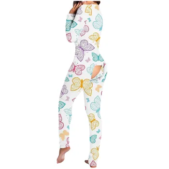 Liela izmēra Sexy Sieviešu Pijamas Onesies Sieviešu Pogu uz leju Tauriņš Drukāt Funkcionālās Buttoned Atloks Pieaugušajiem Jumpsuit