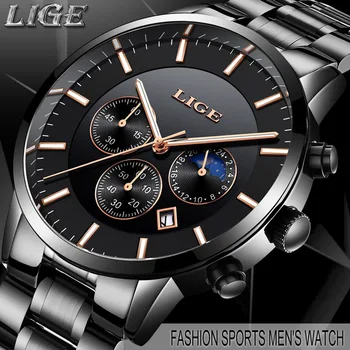 LIGE 9893 Luksusa Vīriešu Tendence Atpūtas Ūdensizturīgs Mēness Fāzes Kvarca Skatīties Fashion Biznesa Sportā Vīriešu rokas pulksteņi Pulkstenis