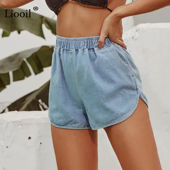 Liooil Sexy Kokvilnas Džinsa Bikses Sievietēm 2020. Gada Vasaras Vidum, Vidukļa Elastīgo Ar Kabatām Sieviešu Slim Blue Jean Taisnas Bikses