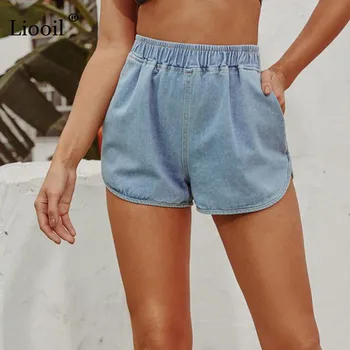 Liooil Sexy Kokvilnas Džinsa Bikses Sievietēm 2020. Gada Vasaras Vidum, Vidukļa Elastīgo Ar Kabatām Sieviešu Slim Blue Jean Taisnas Bikses