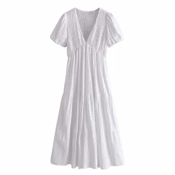 LVWOMN Za Sievietes Gara Kleita Ir 2021. White Vintage Izšūti Dobi Midi Kleitu Sieviete Elegants Puff Piedurknēm Ruched Gadījuma Šiks Kleitas