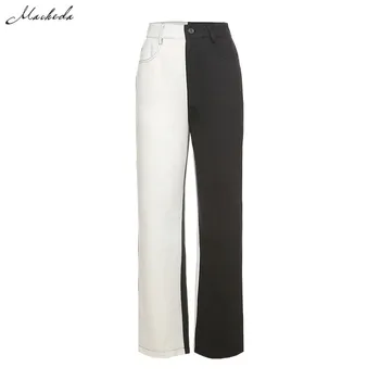 Macheda Rudens Modes Melna Balta Raibs Bikses Sieviešu Vidū Vidukļa Pogu Ikdienas Apģērbu Dāma Taisnas Bikses 2020 Jaunas