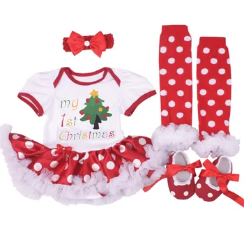 Mana Pirmā Ziemassvētku Diena 4 Drēbes Gabals, kas Par Jaundzimušo Bērnu Meitene Īsām Piedurknēm Tutu Romper Burtu Drukas Kleita Punkti Tērpiem 0-24M