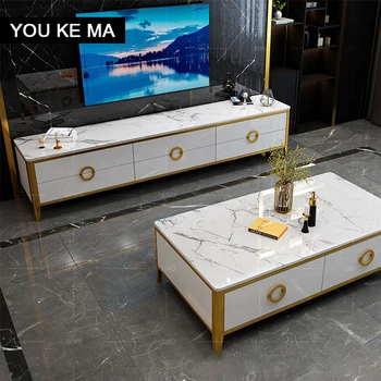 Marmora TV ministru kabineta un tējas galda kombinācija mūsdienu nelielās daudzdzīvokļu dzīvojamās istabas grīdas ministru kabineta gaismas luksusa titāna mēbeles komplekts