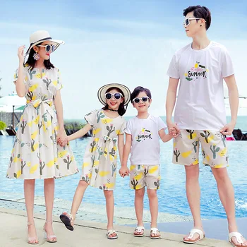 (Matching Ģimenes Tērpiem Vasaras Mamma Meita Pludmales Kleita Tētis Dēlam T-krekls &Šorti Ģimenes Izskatīties Piejūras Pāris Apģērba Saskaņošana