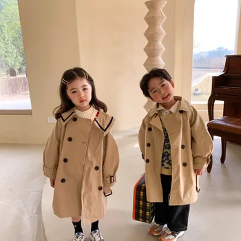 Meitene kokvilnas jaka mēteļi 2021. gada Pavasarī Zēni un Meitenes korejas Koledžas Vēja divrindu vienkrāsainu Ilgi Vējjaka drēbes