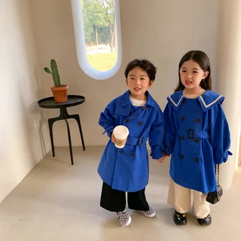 Meitene kokvilnas jaka mēteļi 2021. gada Pavasarī Zēni un Meitenes korejas Koledžas Vēja divrindu vienkrāsainu Ilgi Vējjaka drēbes