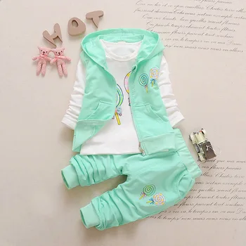 Meitenes modes sporta trīsdaļīga pavasara un rudens apģērbu, bērnu tērpu veste + T-krekls + bikses uz kociņa modelis