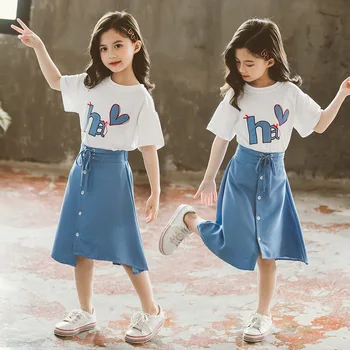 Meiteņu tērpi bērniem vasaras apģērbu kokvilnas t-krekls + svārki modes bērni uzstādīt pusaudzis 3-14 gadiem meitenes apģērbu divdaļīgs kostīms