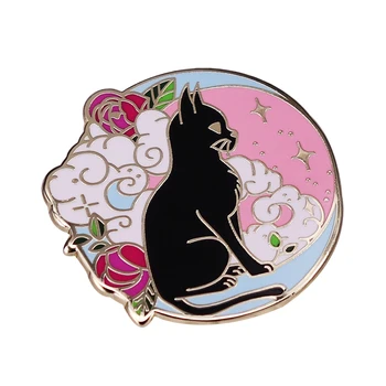 Melnais kaķis, mēness, zvaigžņu gaisma ziedu fantāzijas mākslas broša gudrs apmulsuma kitty žetons