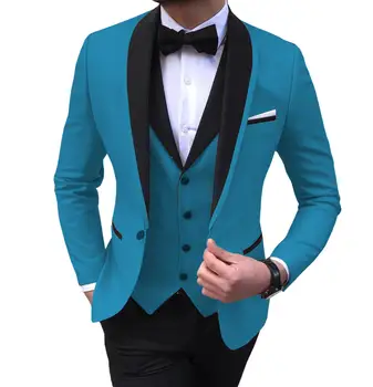 Melns Smokings Vīriešu Uzvalki 3 Gabals Melna Šalle Atloks Gadījuma Zilā Tuxedos Kāzu Groomsmen Kostīmi Vīriešu 2020. Gadam (Žakete+Veste+Elsas)