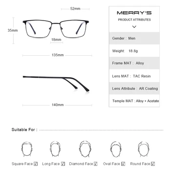 MERRYS DIZAINA Vīriešiem Luksusa Sakausējuma Optika Briļļu Rāmji Vīriešu Laukumā Ultravieglajiem Tuvredzība Recepšu Brilles Modes Stila S2016