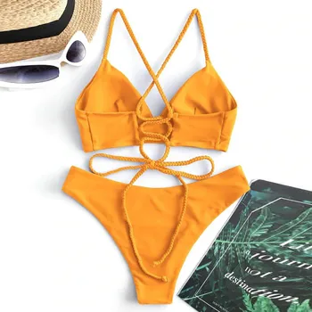 Milzīgais Bikini Ir 2021. Sieviete Tīrtoņa Krāsu Komplekts Peldkostīmu Divu Gabals Uzvalks Polsterēta Krusta Siksnas Krūšturis Peldkostīmi Beachwear Eksotisko Mikro Bikini