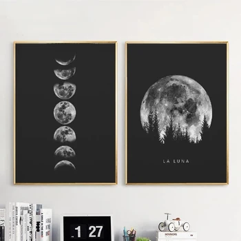 Minimālisma Pilns Mēness Plakātu Mākslas Melna Balta Mēness Fāzēm Izdrukas, Saules Sistēma, Audekls Attēlu Krāsošana Apdarei: Dzīvojamā Istaba