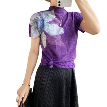 Miyake kroku top sieviešu vasaras modes un ērti smagā rūpniecība reljefi iespiests t-krekls īsām piedurknēm zemāko krekls