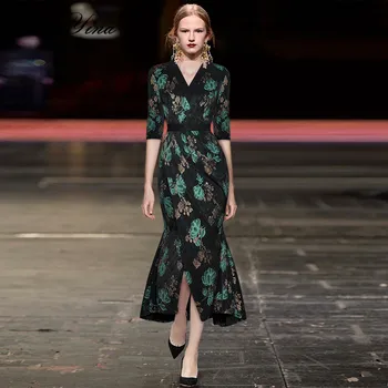 MoaaYina 2021. gada Vasaras Modes Dizainers Bodycon Kleita, Sievietes, V-veida kakla Pusi Piedurknēm Ziedu Drukāt Vintage Sirēna Puse Midi Kleita