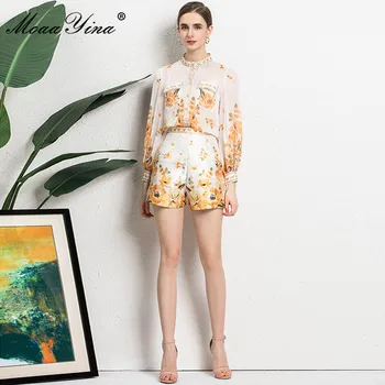 MoaaYina Modes Skrejceļa Vasaras Šorti Komplekts Sievietēm ar garām piedurknēm Ziedu drukāt Ikdienas Blūze un Slim Bikses 2 Gabali Uzvalks