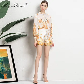 MoaaYina Modes Skrejceļa Vasaras Šorti Komplekts Sievietēm ar garām piedurknēm Ziedu drukāt Ikdienas Blūze un Slim Bikses 2 Gabali Uzvalks