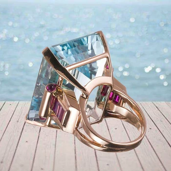 Modes lielgabarīta kubikmetru zircon gredzenu big blue crystal rose zelta gredzenos Sievietēm meitene boutique šarmu spīdīgu rotaslietas dāvanu