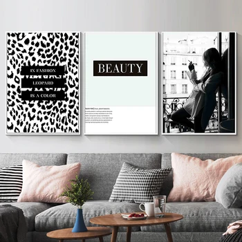 Modes Melna Balta Smēķēšanas Sieviete Pa Logu Plakātu Leoparda Krāsas Auduma Apgleznošana Sienu Art Pictures Home Decoration, Bez Rāmja