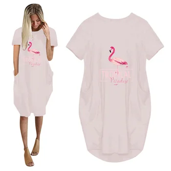 Modes Personības Flamingo Iespiesti Sieviešu Plus Lieluma Kleitu Gadījuma Apaļu Kakla Īsām Piedurknēm Zaudēt Iela Hipster Sieviešu Kleita