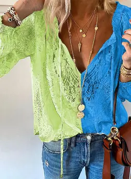 Modes Sievietes Raibs Lāce, T Krekli Vasaras Dobi Ar Garām Piedurknēm Topi Pavasara Elegants Mežģīņu Tamborēšanas T Krekls