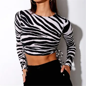 Modes Sievietes Zebra-svītru Kultūraugu Top Stilīgs garām Piedurknēm Pusē Aukliņu T-Krekls Rudenī Jaunu Kārtu Apkakles Džemperis Topi
