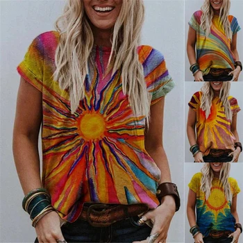 Modes Sieviešu Kaklasaites Krāsu Izdrukas Īsām Piedurknēm Apaļu Kakla Vasaras Topi Gadījuma Baggy Grafiskais Tee T-krekls