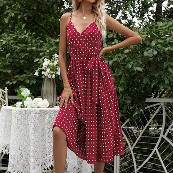 Modes Sieviešu vasaras kleita Dot Drukas garām Piedurknēm Kleitas Dāmas Gadījuma V-veida Kakla Sundress Kleita Ikdienas vestidos mujer de gadījuma