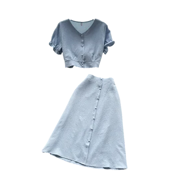 Modes Tērps Sieviešu Vasaras Apģērbu Salds Koka Ausis Burbulis Īsām Piedurknēm Topi Universāls Augsta Vidukļa Svārki divdaļīgs Kostīms GL587