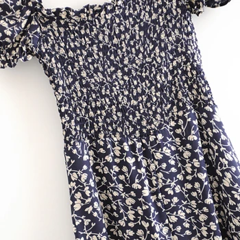 Modes Vasaras Ziedu Drukāt Šifona Vintage Smocked Pusē Midi Kleita Sievietēm ar Īsām Piedurknēm Gadījuma Melns Sieviešu Vestidos BHN0066