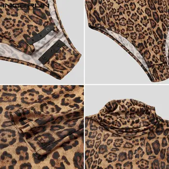 Modes Vīrieši Bodysuit T Krekls augstu uzrullētu apkakli Leopards Drukāt Elpojošs Sexy garām Piedurknēm Kombinezonus Fitnesa Streetwear Bodysuits INCERUN