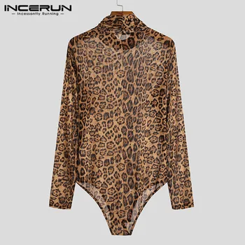 Modes Vīrieši Bodysuit T Krekls augstu uzrullētu apkakli Leopards Drukāt Elpojošs Sexy garām Piedurknēm Kombinezonus Fitnesa Streetwear Bodysuits INCERUN