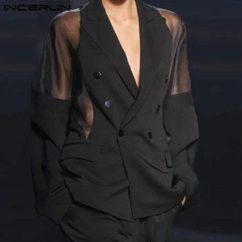 Modes Vīriešu Žakete Acs Pleķīšus redz Cauri Dubultā Krūtīm, garām Piedurknēm Gadījuma Virsdrēbes Streetwear Vīriešu Uzvalki INCERUN 2021