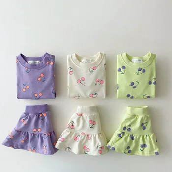 Modes Ķiršu Drukāt Meiteņu Apģērbu Komplekti 2021. Gada Vasarā Jauni Bērnu Meitene Īsām Piedurknēm T-krekls, Tops + Svārki 2gab Princešu Svārki Komplekts