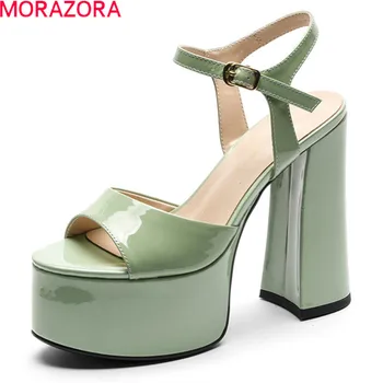 MORAZORA Augstas Kvalitātes Lakādas Sandales Modes Platforma Puse, Kāzu Kurpes, Vasaras Ekstrēmo augstpapēžu kurpes Sieviešu Sandales