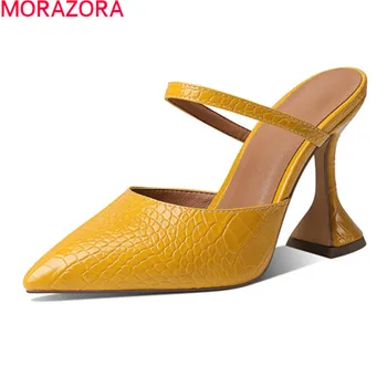 MORAZORA Jaunas Ielidošanas Vasaras Sieviešu Sandales Modes High Papēži Classic Puse Norādīja Toe Kurpes Dzeltenā Baltās Dāmas Sandales