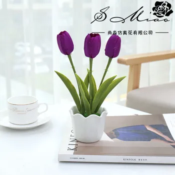 Mākslīgo Ziedu 3 Galvas Tulip Mazo Bonsai Simulācijas Augu Balta Plastmasas Puķu Pods Home Office Desktop Puse Dekori