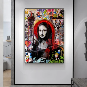 Mūsdienu Grafiti Portrets Mākslas Audekls Gleznošanai Plakāti un Izdrukas Sienas Mākslas Mona Lisa Attēlu uz Dzīvojamās Istabas Sienas Dekors Plakāts