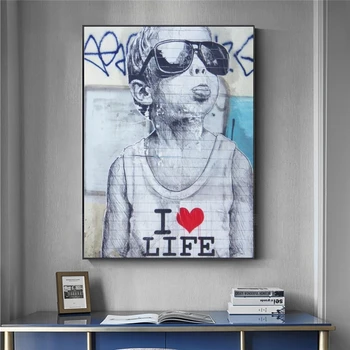 Mūsdienu Ielu Mākslas Audekls Izdrukas Mīlestība Dzīvē Zēns Sienas Plakāti un Izdrukas Sienas Grafiti Mākslas Attēlus Audekls Gleznošanai Mājas Sienas Dekori