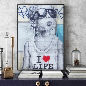Mūsdienu Ielu Mākslas Audekls Izdrukas Mīlestība Dzīvē Zēns Sienas Plakāti un Izdrukas Sienas Grafiti Mākslas Attēlus Audekls Gleznošanai Mājas Sienas Dekori
