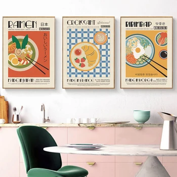Mūsdienu Virtuves Dekoru, Japāņu, Korejiešu Pārtikas Plakāti Kruasānu Bibimbap Gyoza Ramen Kimči Audekla Apgleznošana Sienu Mākslas Drukāšana