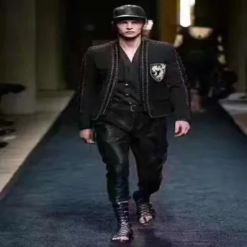 Nakts Šovs Vīriešiem Korejas Modes Stilists Žakete Slim Fit Emblēma Izšūta Moderns Jaka Collarless Augstas Kvalitātes Mežģīņu Tērps Vīrietis