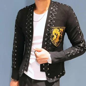 Nakts Šovs Vīriešiem Korejas Modes Stilists Žakete Slim Fit Emblēma Izšūta Moderns Jaka Collarless Augstas Kvalitātes Mežģīņu Tērps Vīrietis