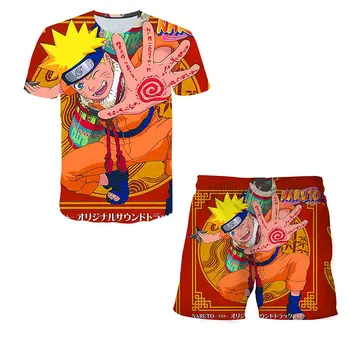 Naruto - Tshirts+bikses 2 Gab., Uzvalki Karstā Anime Beach Uzvalks, Zēnu Apģērbu Komplekti Poliestera Bērniem, Meitenēm ar Īsām piedurknēm Topi 4-14years