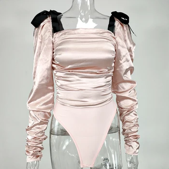 NewAsia Satīna Bodysuit Top Ruched Backless Loku Kvadrātveida Kakla Rāvējslēdzēju Puff Piedurknēm Romper Sieviešu Salds Elegants Sexy Viens Gabals Clubwear