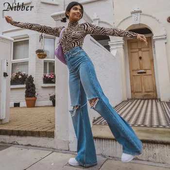 Nibber Caurumu Ripped Wide-Leg Džinsi Sievietēm Ar Augstu Vidukli, Korejiešu Streetwear Noplīsis Džinsa Bikses 2020. Gadam Gadījuma Retro Taisnas Bikses