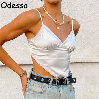 Odesa Balts Melns Backless V Veida Kakla Pārsējs Camis Sieviešu Dobi No Crop Topi Dāmas Gadījuma Sexy Topi Pavasara Vasaras 2021