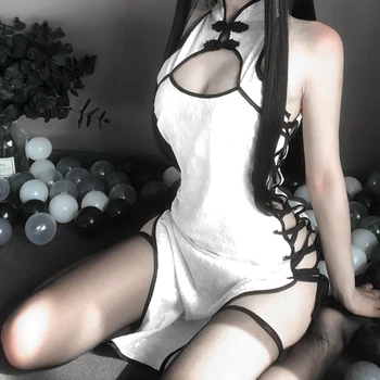 Paloli Erotiska Anime Sexy Cheongsam Cosplay Kostīms Melnā Baltās Dāmas Kleitu Mežģīnes Apģērbs Iedomātā Slim Fit Atvērtu Krūšu Sieviešu Vienotu