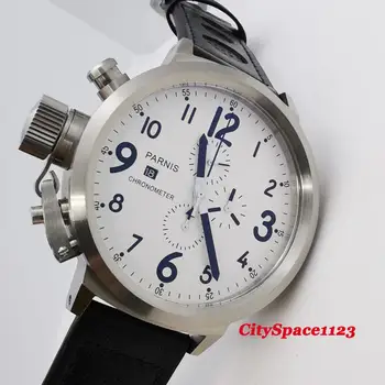 Parnis 50mm chronograph kvarca kustība mens watch white dial liels sejas ūdensizturīgs rokas pulksteņi